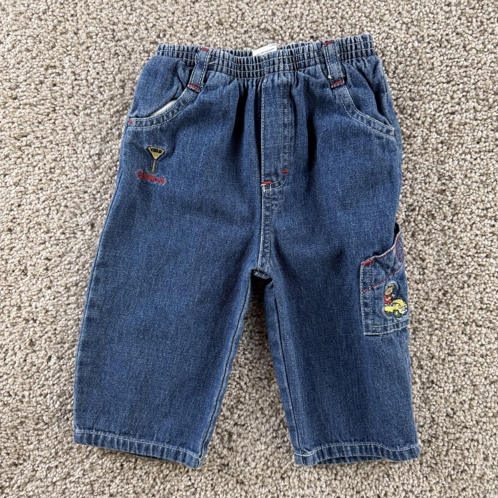Vintage OshKosh B'gosh Cargo Jeans Baby 6-9 Months Denim Elastic Waist Bear Boys